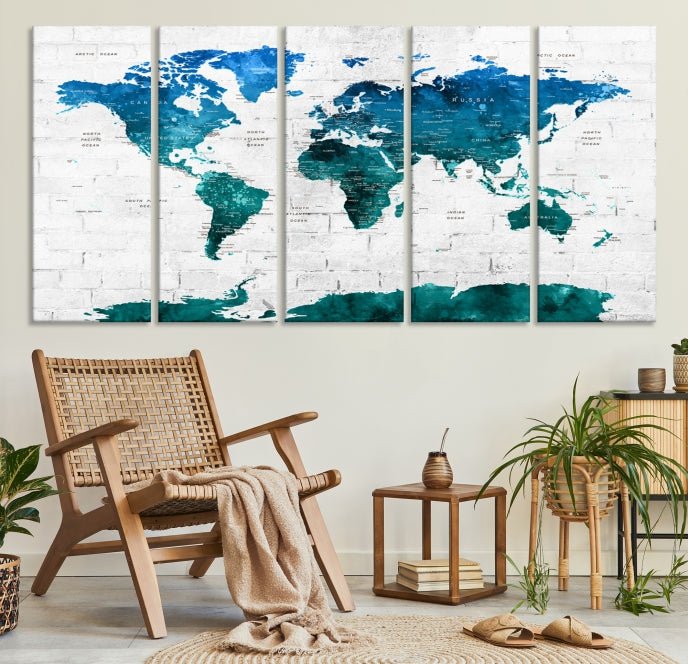 Turquoise Blue World Map Canvas Wall Art Giclee Print Artwork for Walls