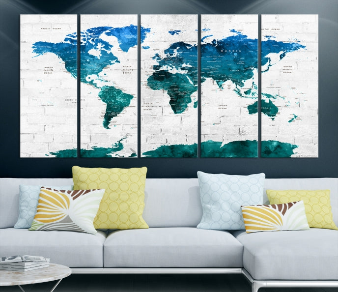 Turquoise Blue World Map Canvas Wall Art Giclee Print Artwork for Walls