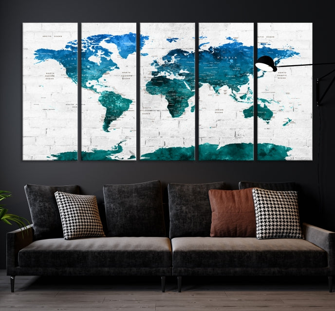 Turquoise Blue World Map Canvas Wall Art Giclee Print Artwork for Walls