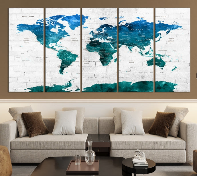 Turquoise Blue World Map Canvas Wall Art Giclee Print Artwork for Walls