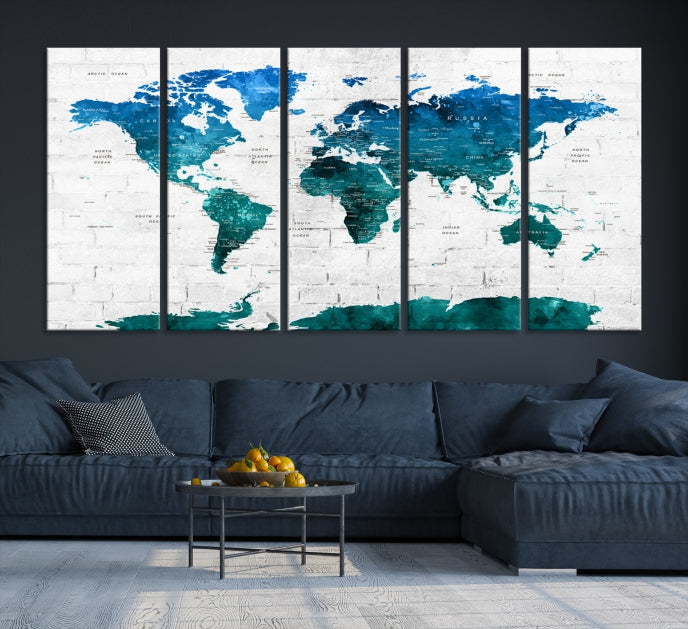 Turquoise Blue World Map Canvas Wall Art Giclee Print Artwork for Walls