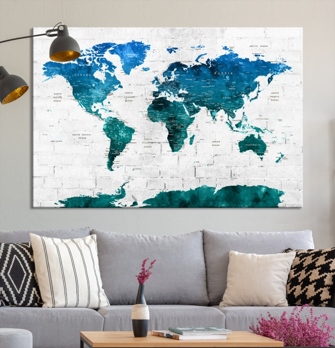 Turquoise Blue World Map Canvas Wall Art Giclee Print Artwork for Walls