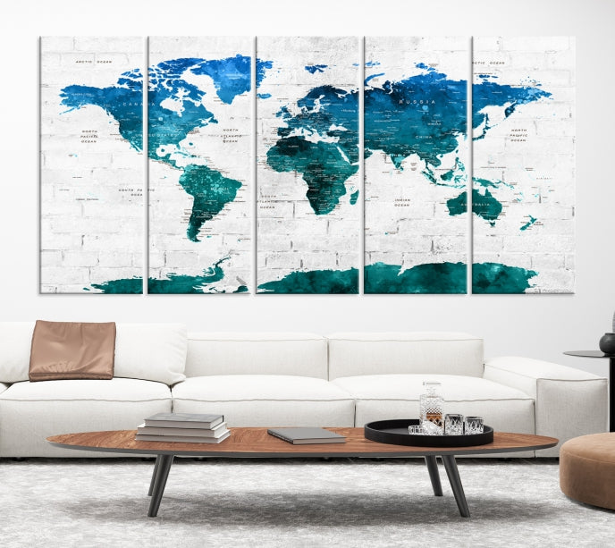 Turquoise Blue World Map Canvas Wall Art Giclee Print Artwork for Walls