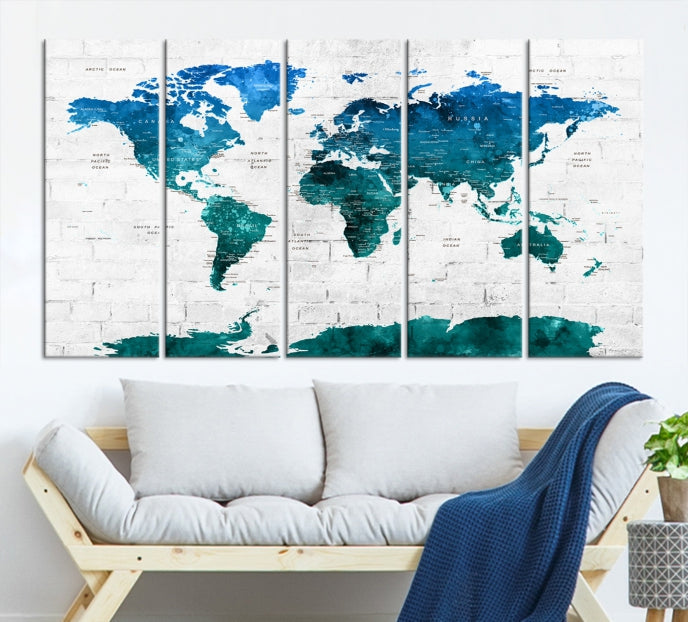 Turquoise Blue World Map Canvas Wall Art Giclee Print Artwork for Walls