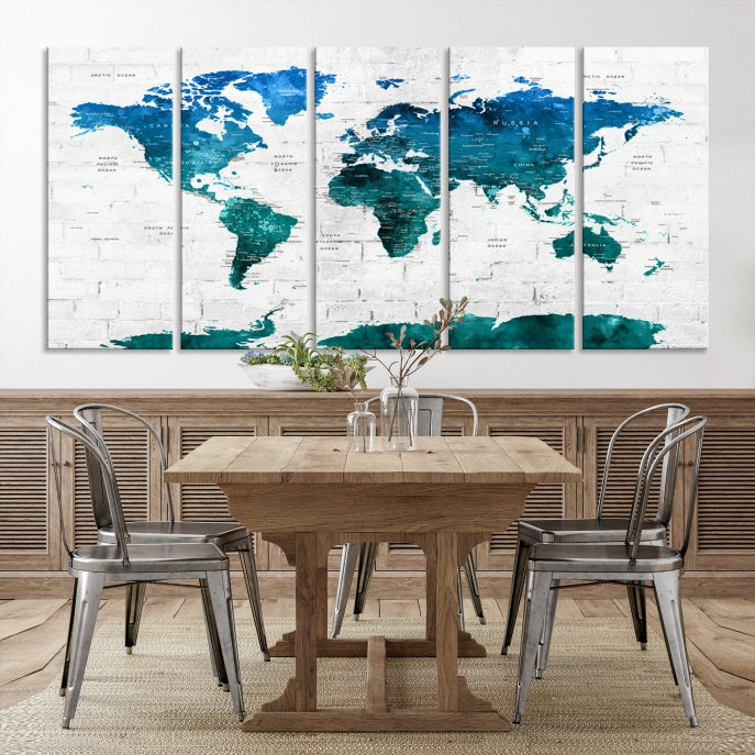 Turquoise Blue World Map Canvas Wall Art Giclee Print Artwork for Walls