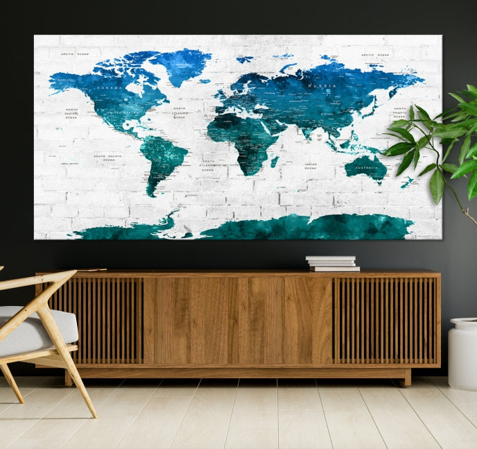 Turquoise Blue World Map Canvas Wall Art Giclee Print Artwork for Walls