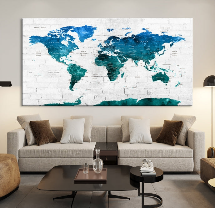 Turquoise Blue World Map Canvas Wall Art Giclee Print Artwork for Walls