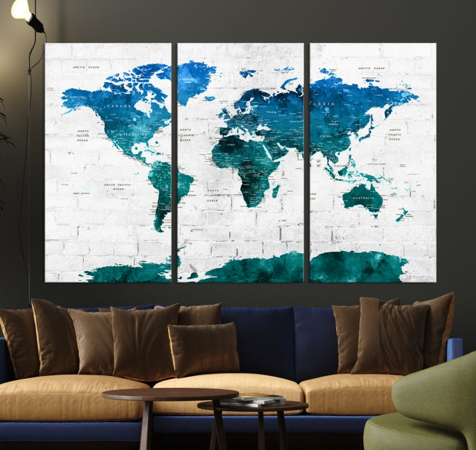 Turquoise Blue World Map Canvas Wall Art Giclee Print Artwork for Walls