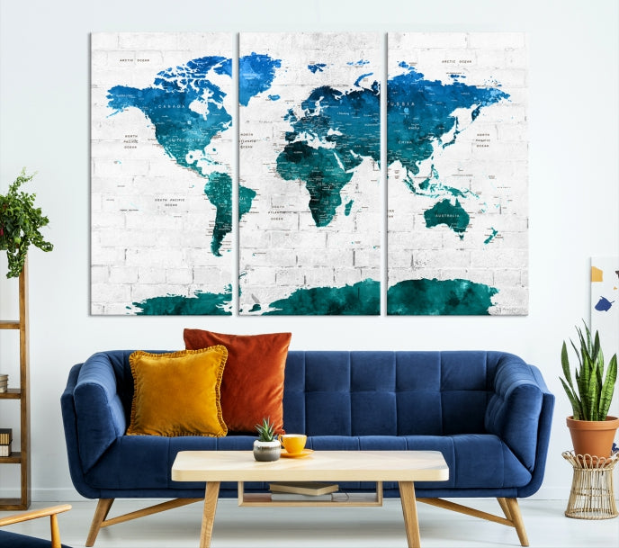 Turquoise Blue World Map Canvas Wall Art Giclee Print Artwork for Walls