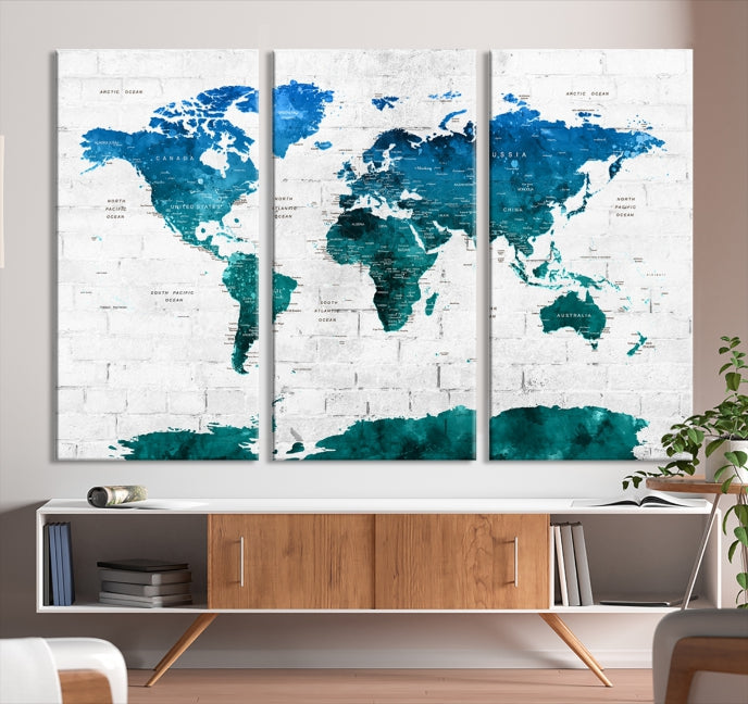 Turquoise Blue World Map Canvas Wall Art Giclee Print Artwork for Walls