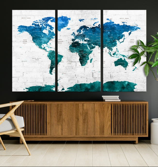 Turquoise Blue World Map Canvas Wall Art Giclee Print Artwork for Walls