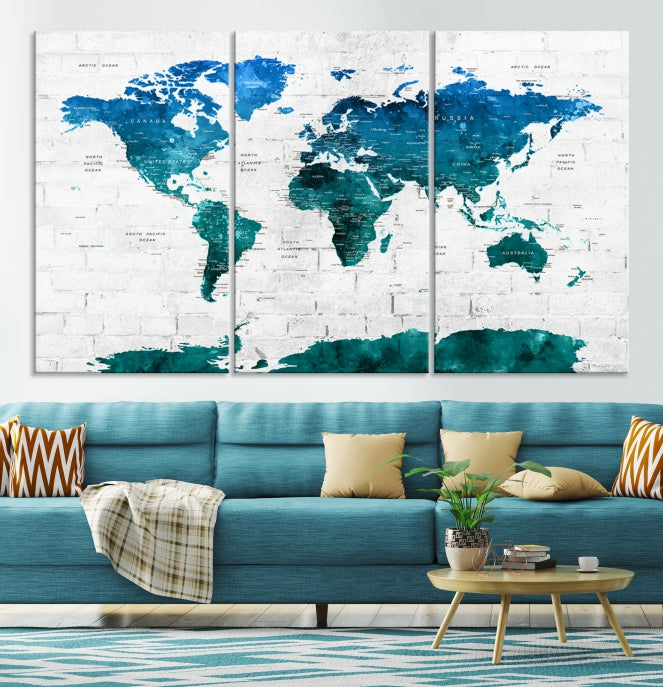 Turquoise Blue World Map Canvas Wall Art Giclee Print Artwork for Walls