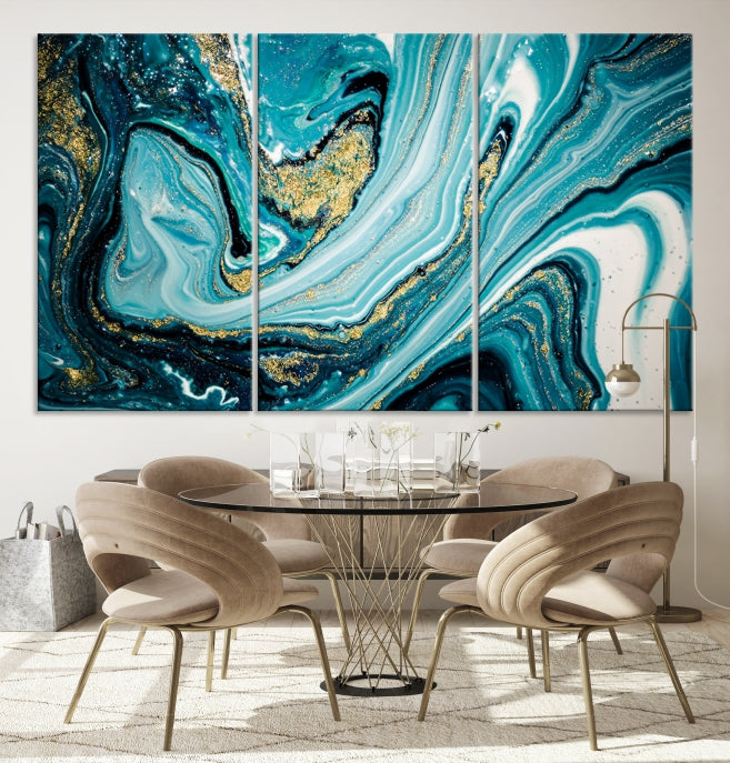 Turquoise Gold Marble Modern Abstract Painting Large Canvas Wall Art Giclee Print