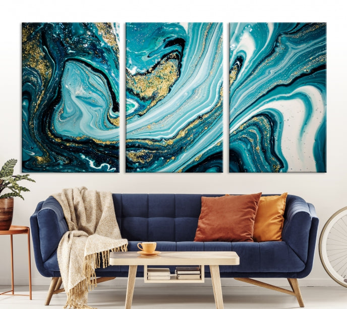 Turquoise Gold Marble Modern Abstract Painting Large Canvas Wall Art Giclee Print