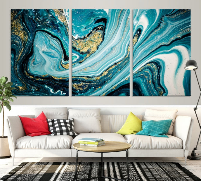 Turquoise Gold Marble Modern Abstract Painting Large Canvas Wall Art Giclee Print