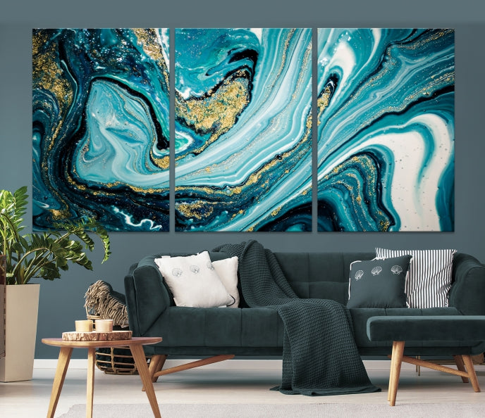 Turquoise Gold Marble Modern Abstract Painting Large Canvas Wall Art Giclee Print