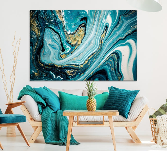 Turquoise Gold Marble Modern Abstract Painting Large Canvas Wall Art Giclee Print