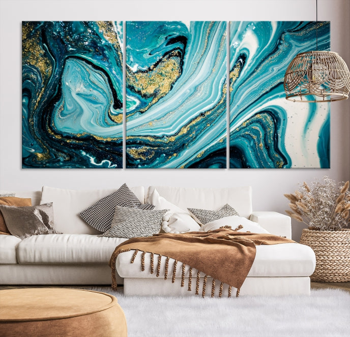 Turquoise Gold Marble Modern Abstract Painting Large Canvas Wall Art Giclee Print