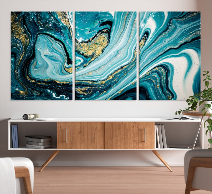 Turquoise Gold Marble Modern Abstract Painting Large Canvas Wall Art Giclee Print