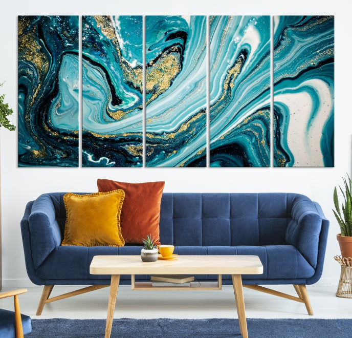 Turquoise Gold Marble Modern Abstract Painting Large Canvas Wall Art Giclee Print