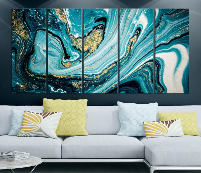 Turquoise Gold Marble Modern Abstract Painting Large Canvas Wall Art Giclee Print