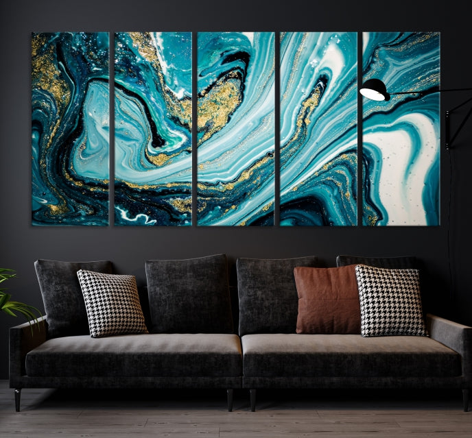 Turquoise Gold Marble Modern Abstract Painting Large Canvas Wall Art Giclee Print