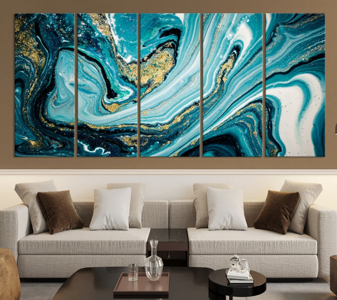 Turquoise Gold Marble Modern Abstract Painting Large Canvas Wall Art Giclee Print