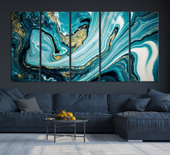 Turquoise Gold Marble Modern Abstract Painting Large Canvas Wall Art Giclee Print