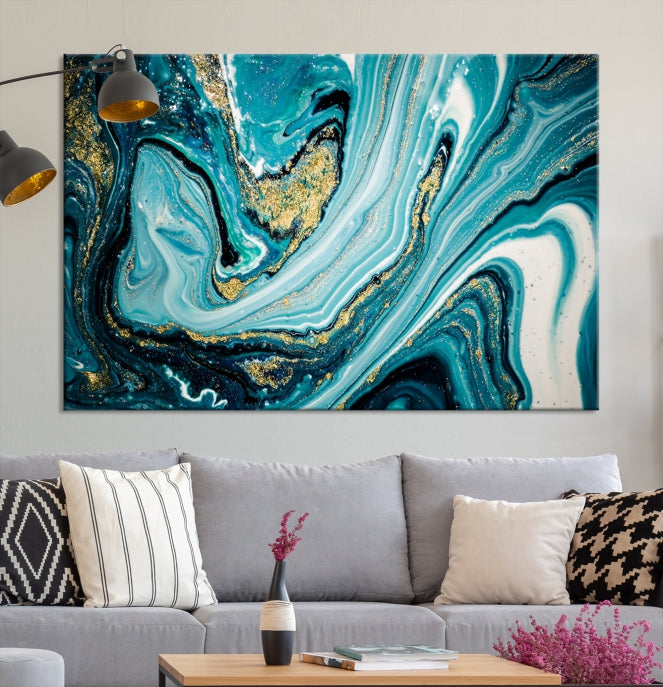 Turquoise Gold Marble Modern Abstract Painting Large Canvas Wall Art Giclee Print