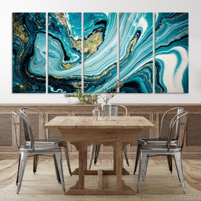 Turquoise Gold Marble Modern Abstract Painting Large Canvas Wall Art Giclee Print