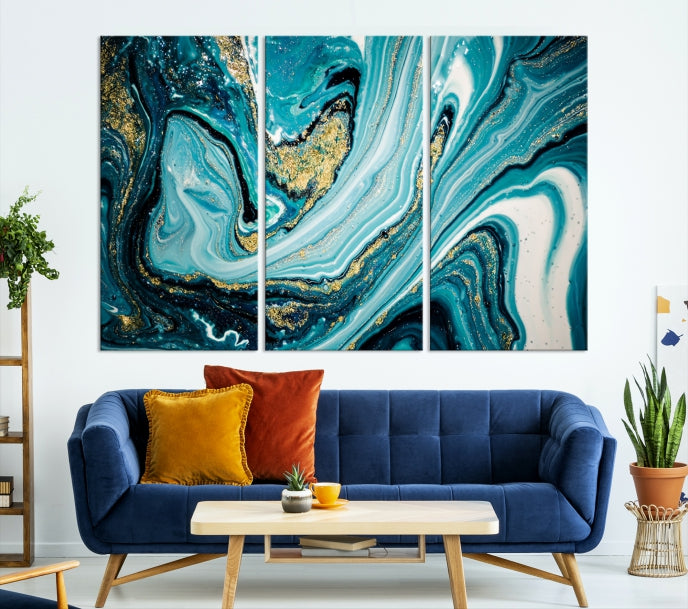 Turquoise Gold Marble Modern Abstract Painting Large Canvas Wall Art Giclee Print