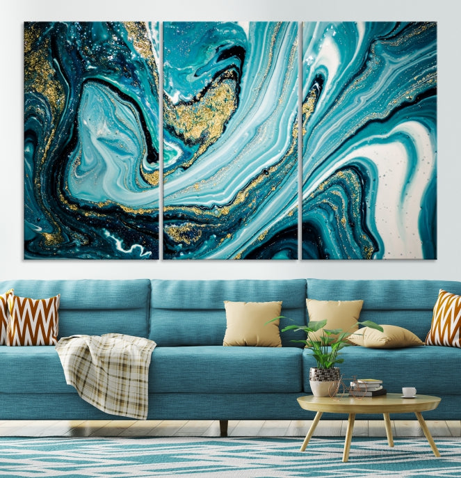 Turquoise Gold Marble Modern Abstract Painting Large Canvas Wall Art Giclee Print