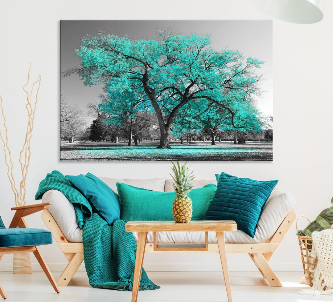 Turquoise Tree Canvas Wall Art Black and White Artwork for Living Room Kitchen Wall Decor