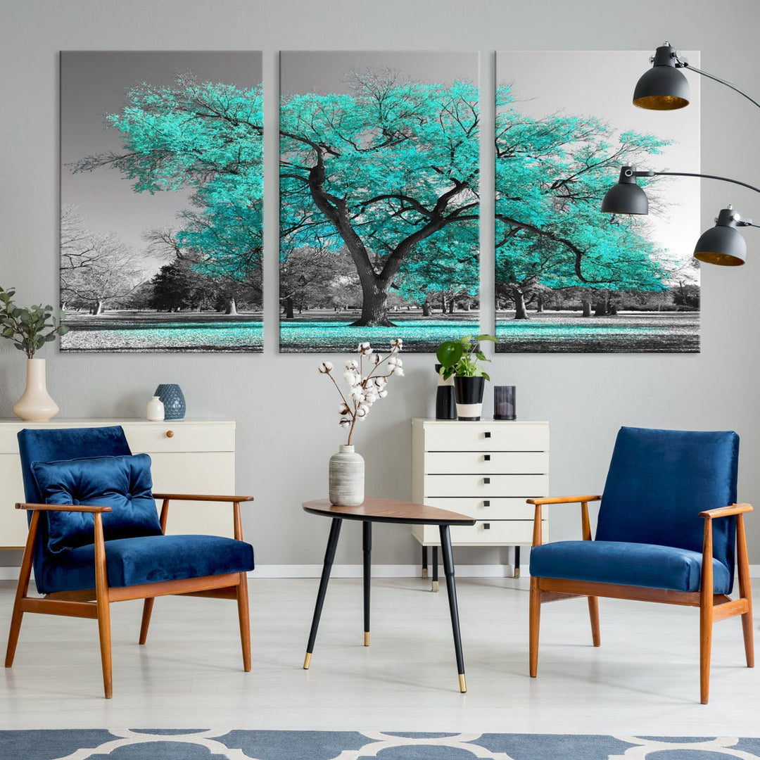 Turquoise Tree Canvas Wall Art Black and White Artwork for Living Room Kitchen Wall Decor