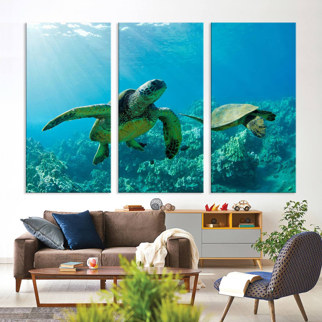 Two Beautiful Sea turtle Wall Art Canvas Print, Ocean Wild Life Print