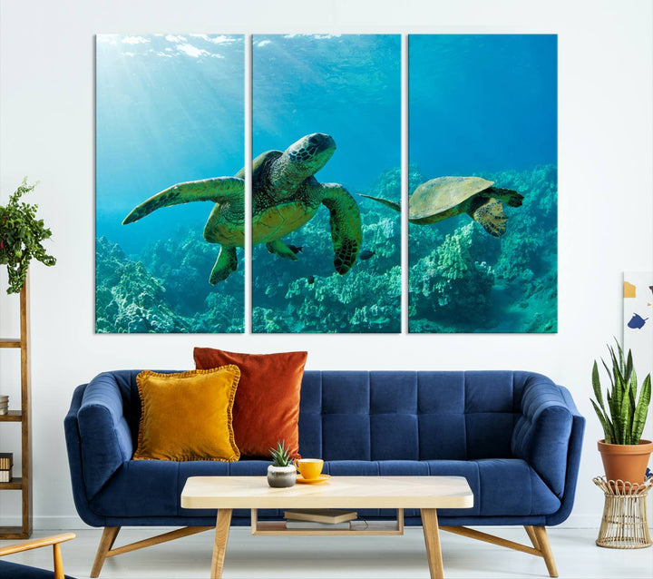 Two Beautiful Sea turtle Wall Art Canvas Print, Ocean Wild Life Print