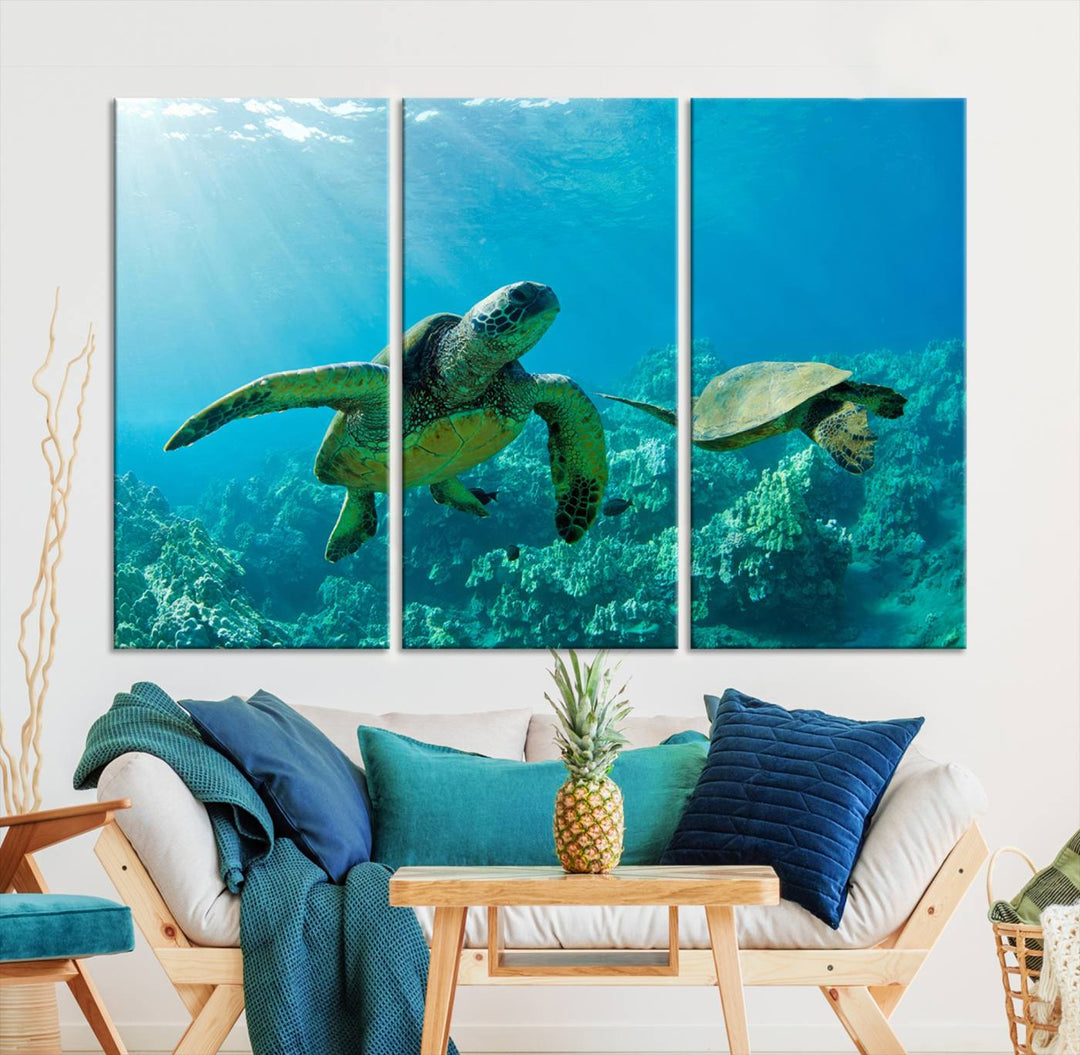 Two Beautiful Sea turtle Wall Art Canvas Print, Ocean Wild Life Print