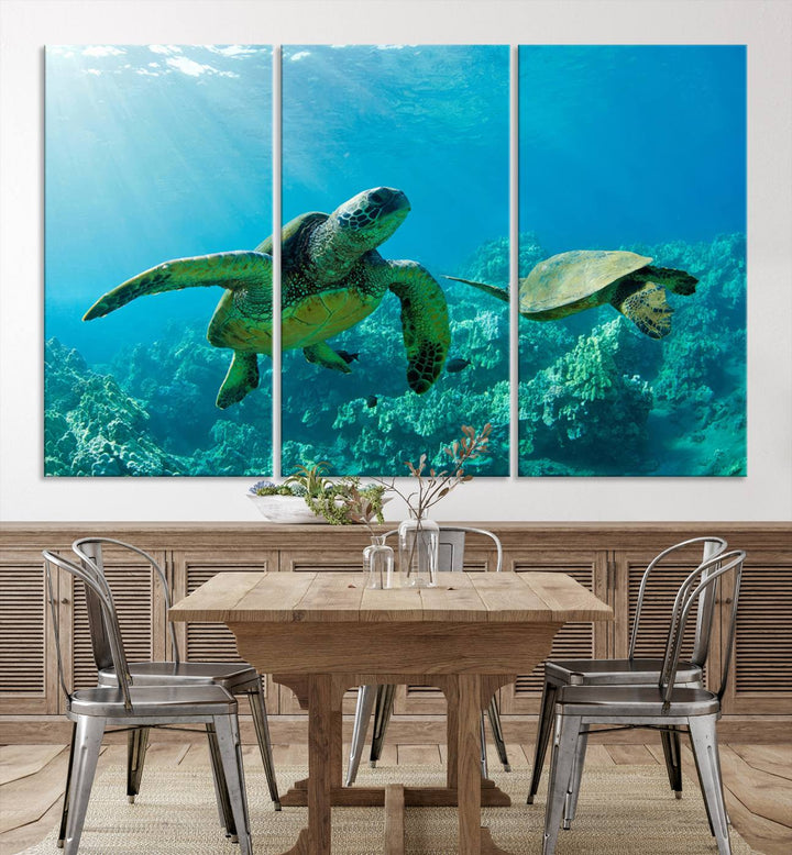 Two Beautiful Sea turtle Wall Art Canvas Print, Ocean Wild Life Print