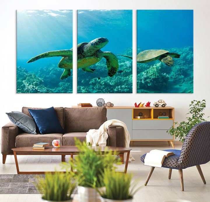 Two Beautiful Sea turtle Wall Art Canvas Print, Ocean Wild Life Print