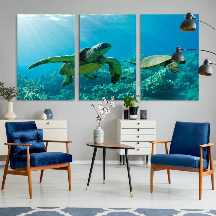 Two Beautiful Sea turtle Wall Art Canvas Print, Ocean Wild Life Print