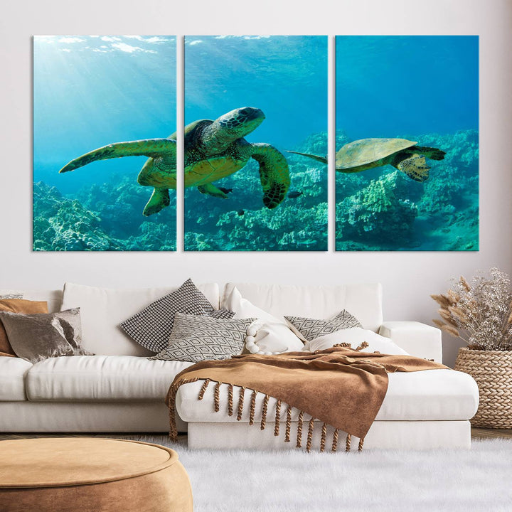 Two Beautiful Sea turtle Wall Art Canvas Print, Ocean Wild Life Print