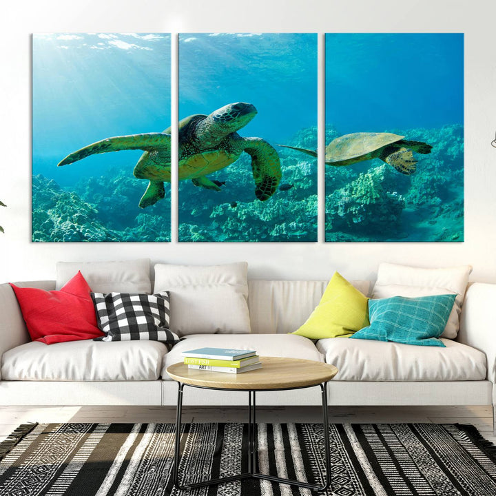 Two Beautiful Sea turtle Wall Art Canvas Print, Ocean Wild Life Print