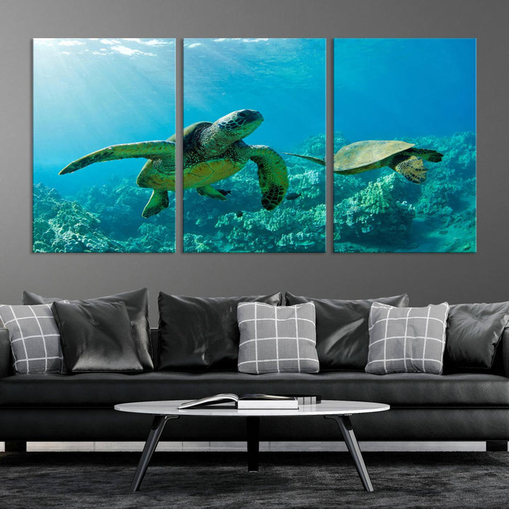 Two Beautiful Sea turtle Wall Art Canvas Print, Ocean Wild Life Print