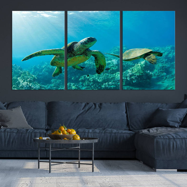 Two Beautiful Sea turtle Wall Art Canvas Print, Ocean Wild Life Print