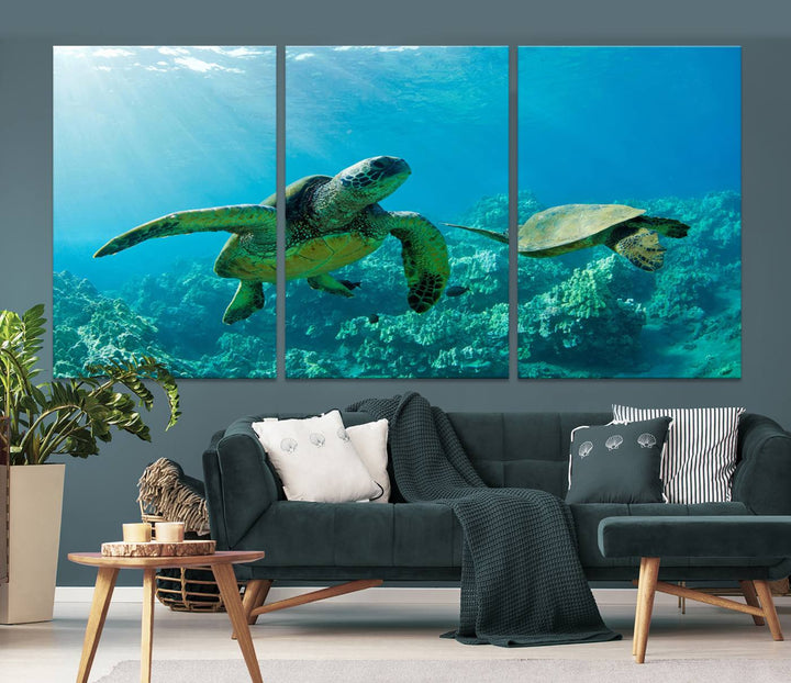 Two Beautiful Sea turtle Wall Art Canvas Print, Ocean Wild Life Print