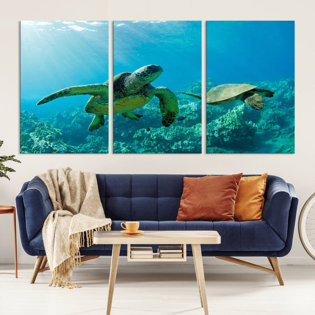 Two Beautiful Sea turtle Wall Art Canvas Print, Ocean Wild Life Print