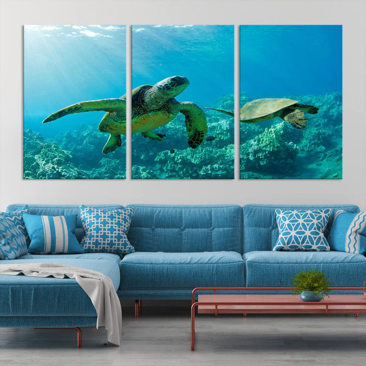 Two Beautiful Sea turtle Wall Art Canvas Print, Ocean Wild Life Print