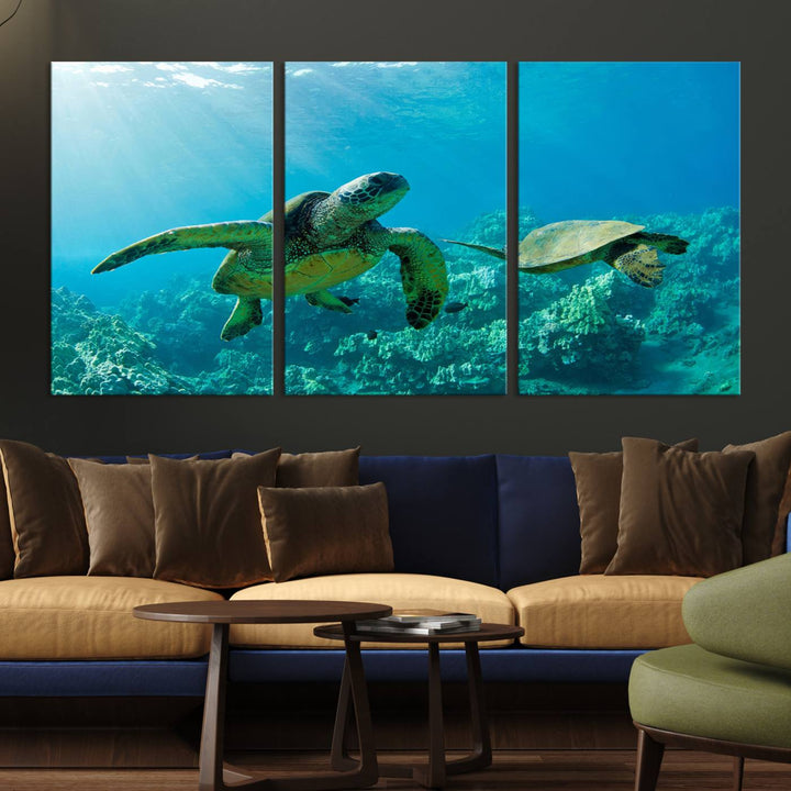 Two Beautiful Sea turtle Wall Art Canvas Print, Ocean Wild Life Print