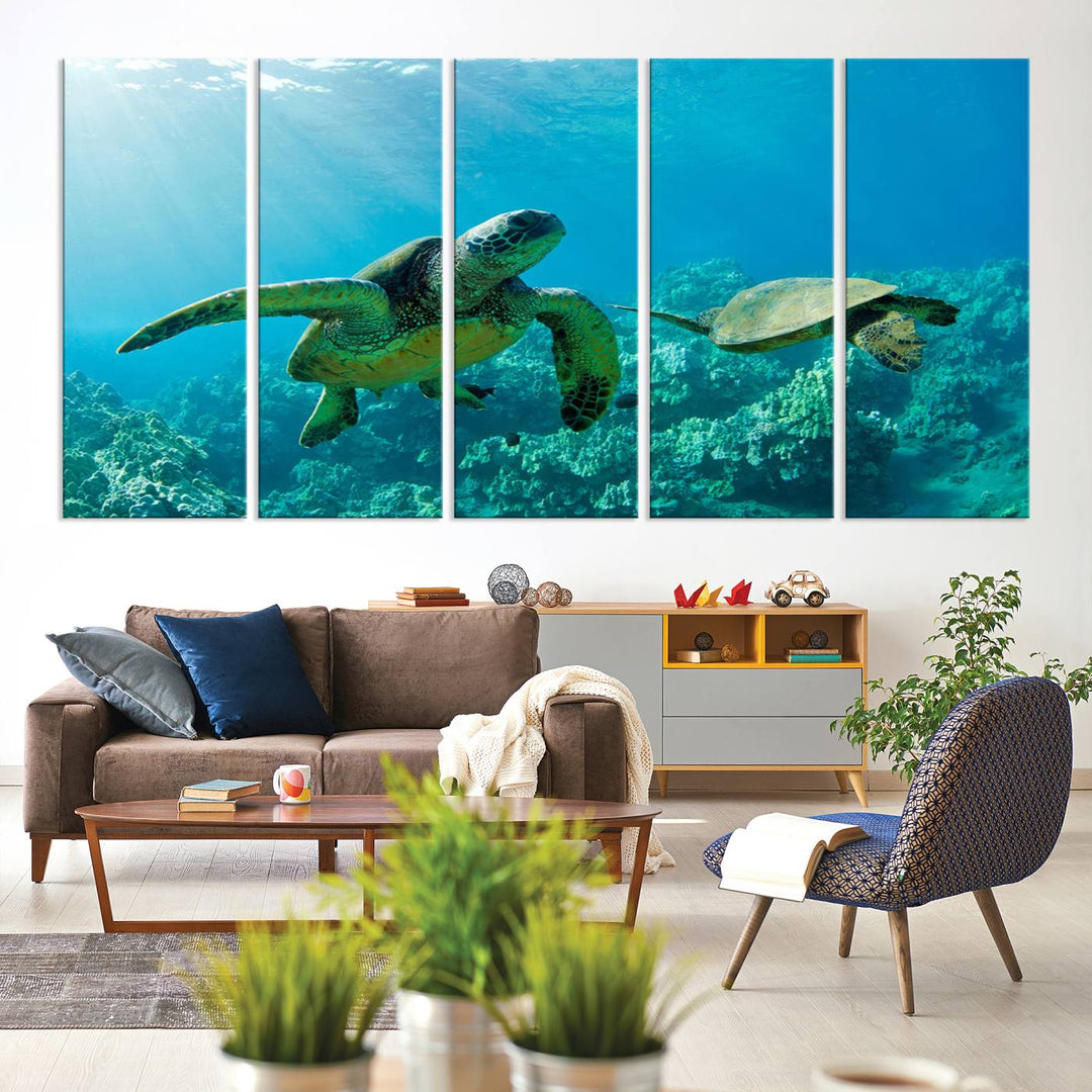 Two Beautiful Sea turtle Wall Art Canvas Print, Ocean Wild Life Print