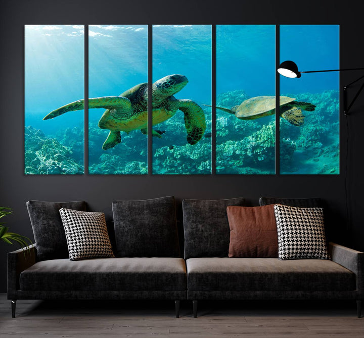 Two Beautiful Sea turtle Wall Art Canvas Print, Ocean Wild Life Print